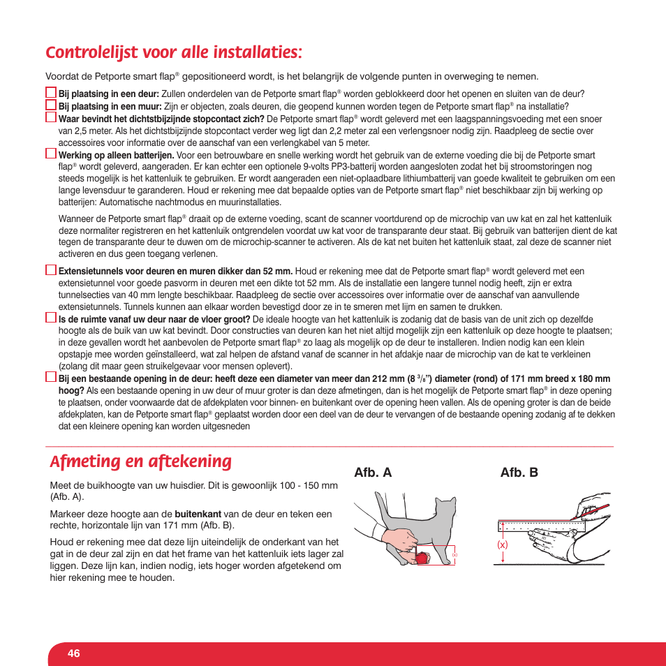 Controlelijst voor alle installaties, Afmeting en aftekening, Afb. a | Afb. b | Petsafe Petporte Smart Flap® Microchip Cat Flap User Manual | Page 46 / 116