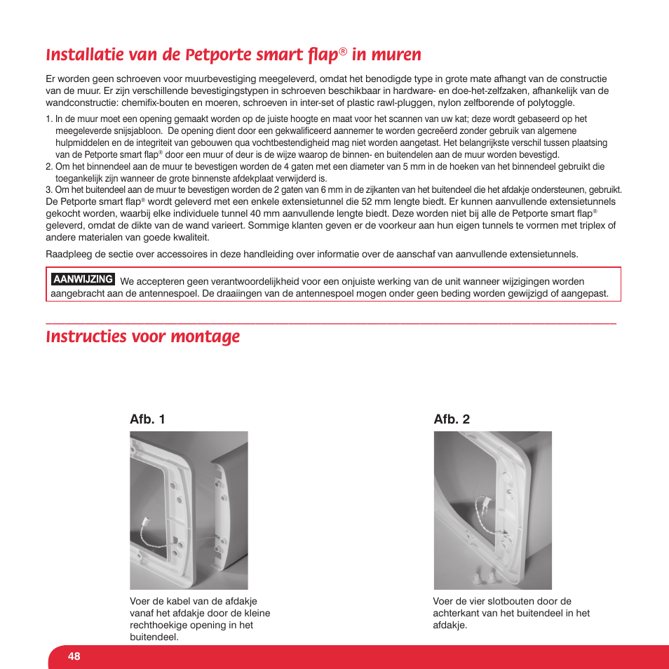 Installatie van de petporte smart ﬂ ap® in muren, Instructies voor montage | Petsafe Petporte Smart Flap® Microchip Cat Flap User Manual | Page 48 / 116
