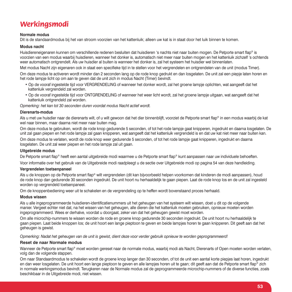Werkingsmodi | Petsafe Petporte Smart Flap® Microchip Cat Flap User Manual | Page 53 / 116