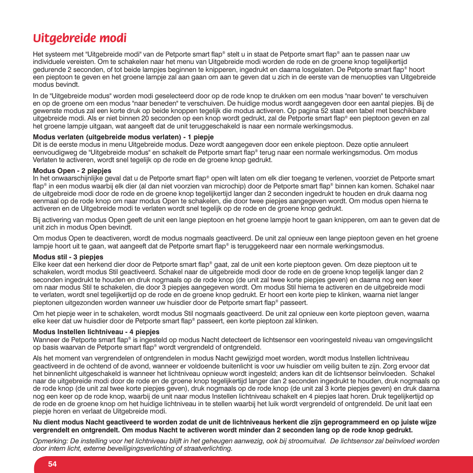 Uitgebreide modi | Petsafe Petporte Smart Flap® Microchip Cat Flap User Manual | Page 54 / 116