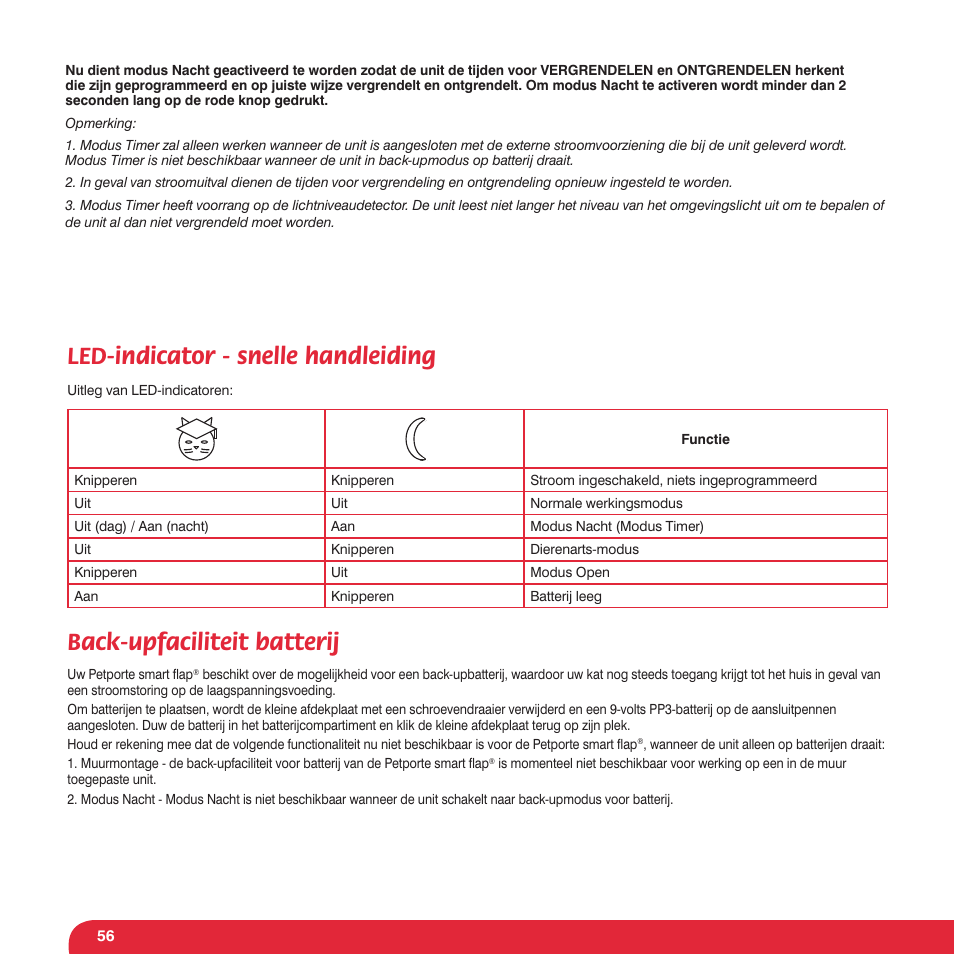 Led-indicator - snelle handleiding, Back-upfaciliteit batterij | Petsafe Petporte Smart Flap® Microchip Cat Flap User Manual | Page 56 / 116