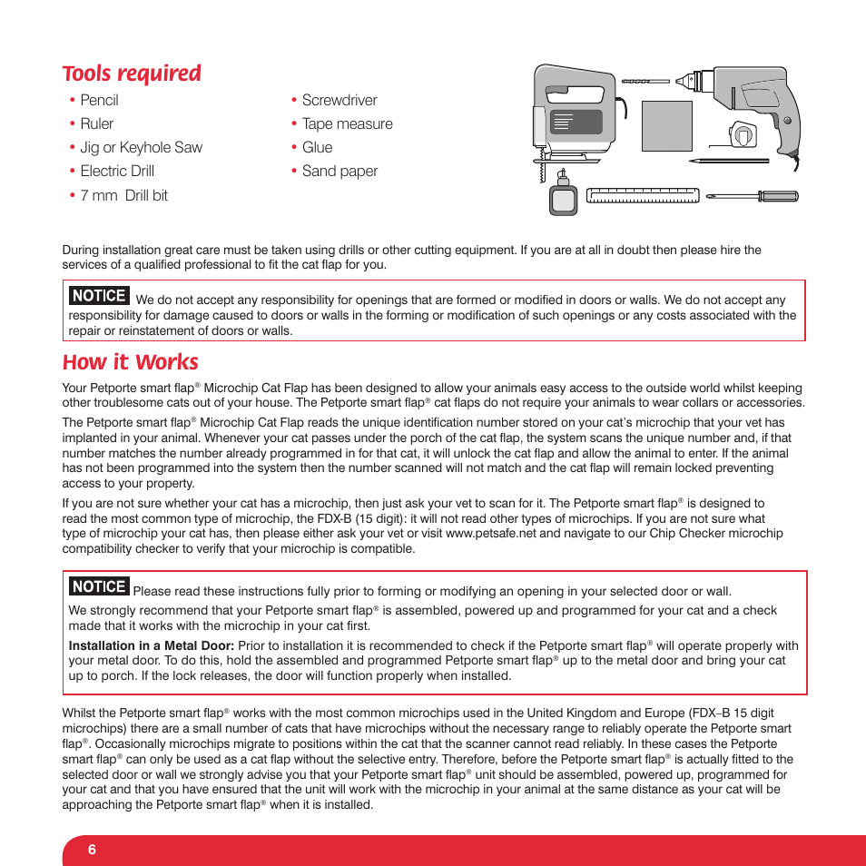 Tools required, How it works | Petsafe Petporte Smart Flap® Microchip Cat Flap User Manual | Page 6 / 116