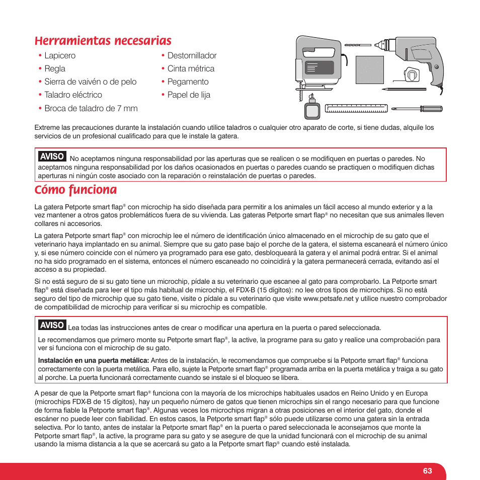 Herramientas necesarias, Cómo funciona | Petsafe Petporte Smart Flap® Microchip Cat Flap User Manual | Page 63 / 116