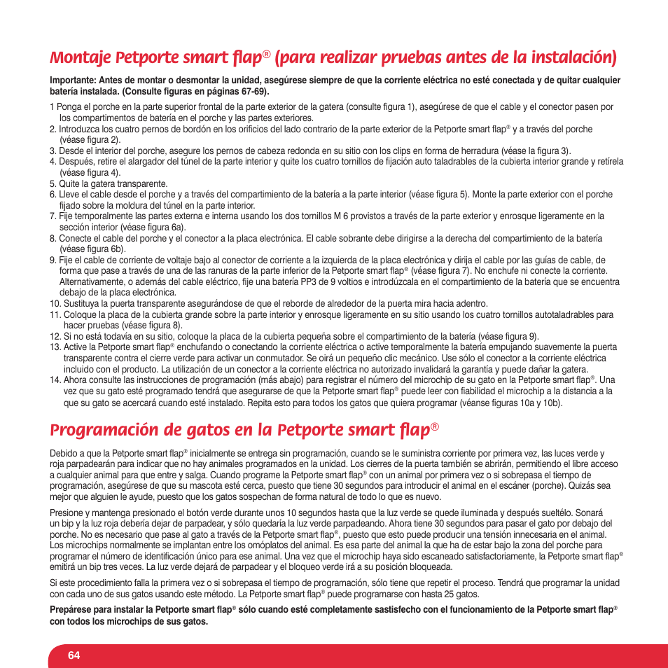 Programación de gatos en la petporte smart ﬂ ap | Petsafe Petporte Smart Flap® Microchip Cat Flap User Manual | Page 64 / 116