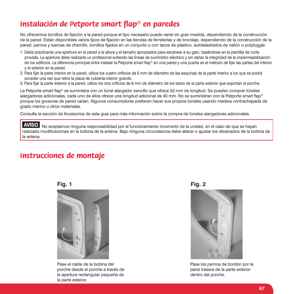 Instalación de petporte smart ﬂ ap® en paredes, Instrucciones de montaje, Fig. 1 fig. 2 | Petsafe Petporte Smart Flap® Microchip Cat Flap User Manual | Page 67 / 116
