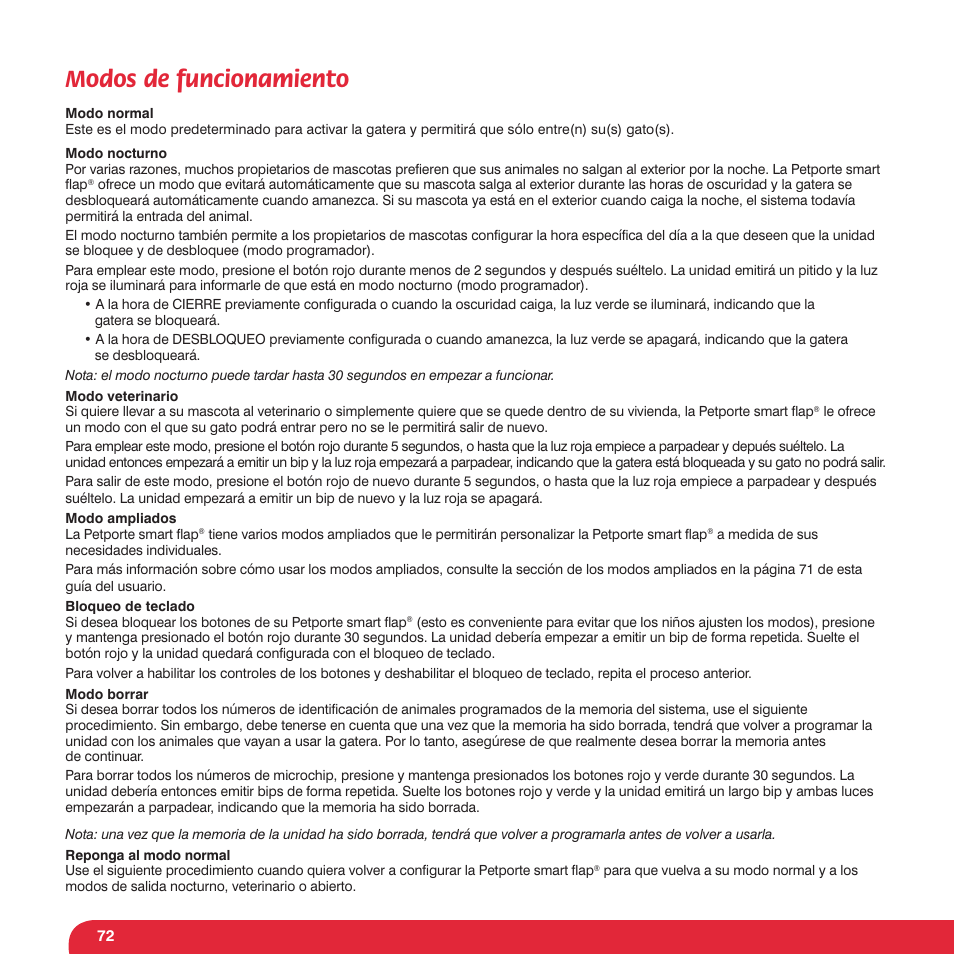 Modos de funcionamiento | Petsafe Petporte Smart Flap® Microchip Cat Flap User Manual | Page 72 / 116