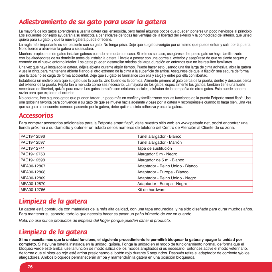 Adiestramiento de su gato para usar la gatera, Accessorios, Limpieza de la gatera | Petsafe Petporte Smart Flap® Microchip Cat Flap User Manual | Page 76 / 116
