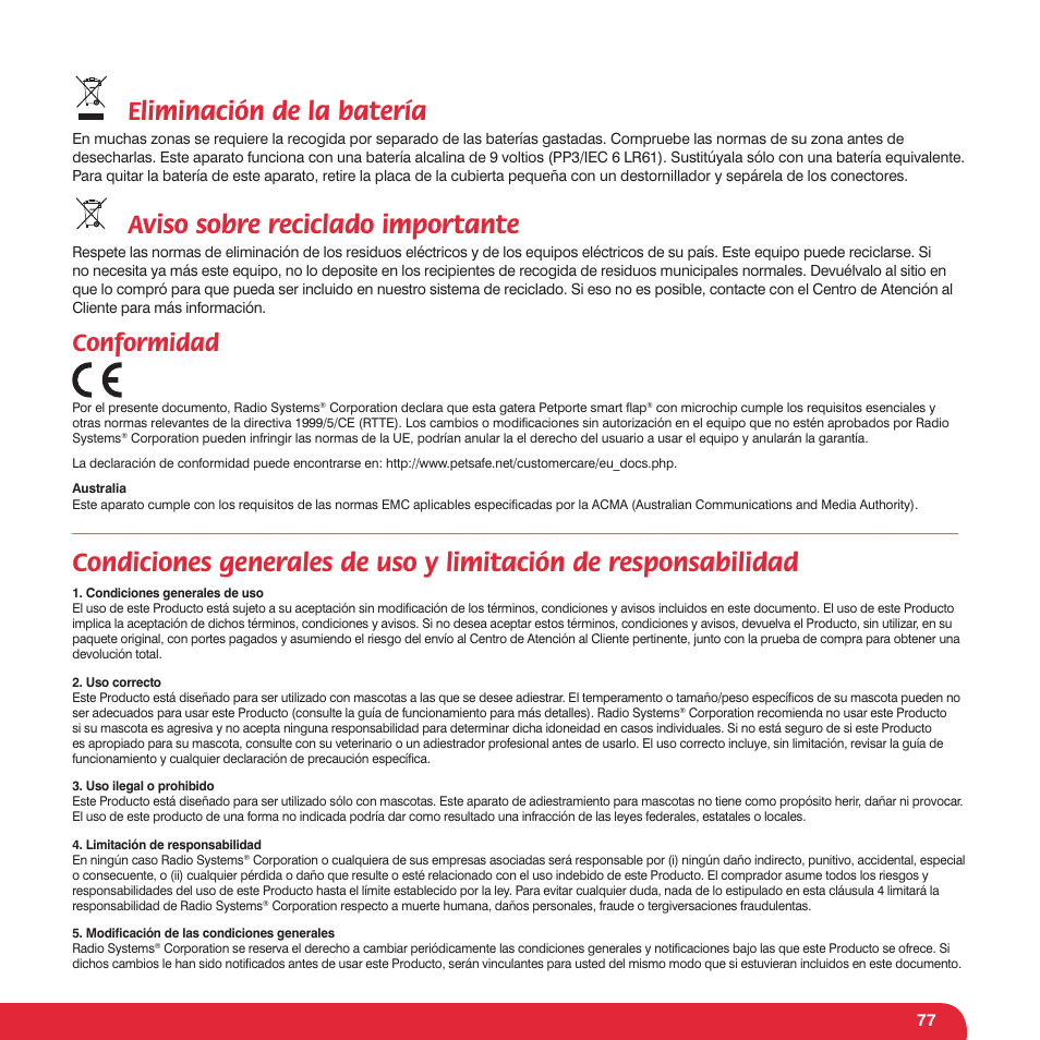 Eliminación de la batería, Aviso sobre reciclado importante, Conformidad | Petsafe Petporte Smart Flap® Microchip Cat Flap User Manual | Page 77 / 116
