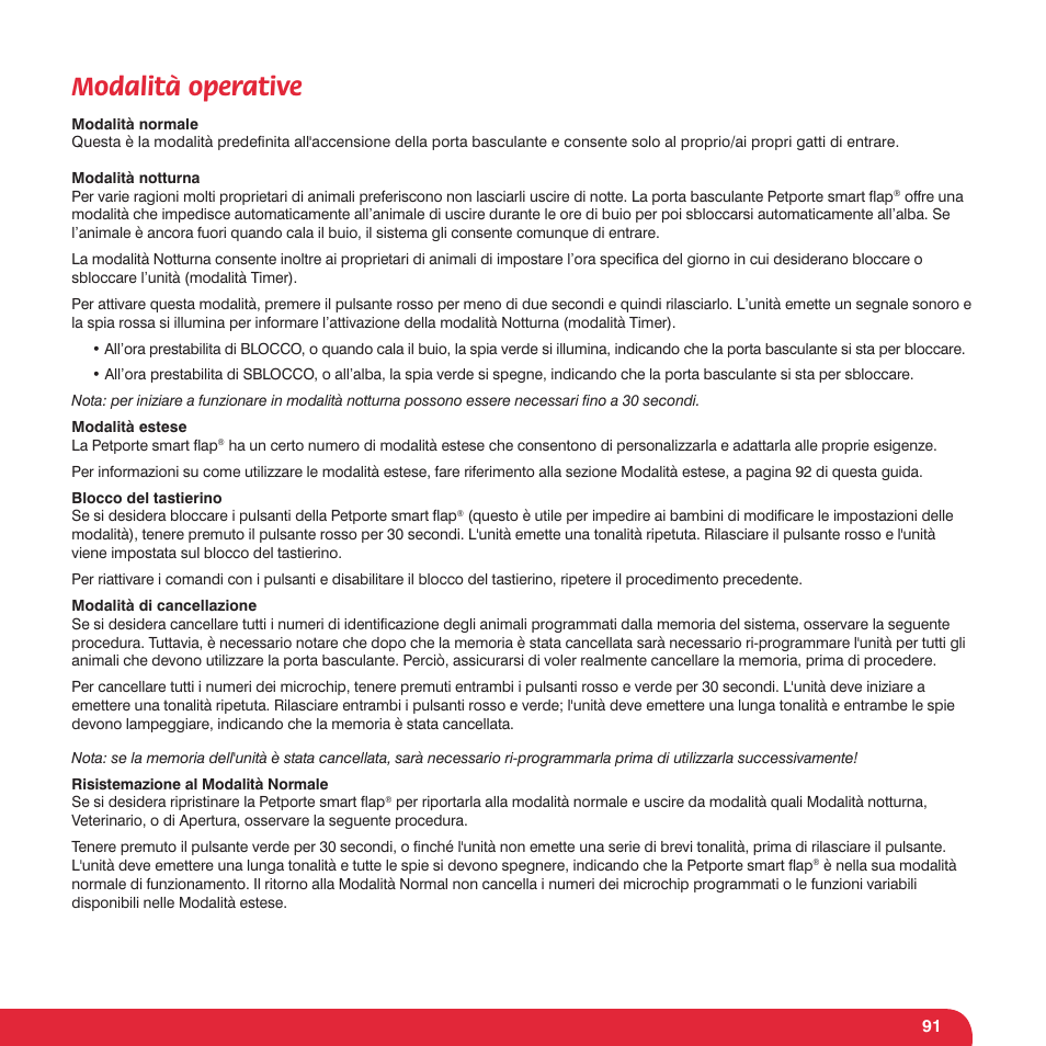 Modalità operative | Petsafe Petporte Smart Flap® Microchip Cat Flap User Manual | Page 91 / 116