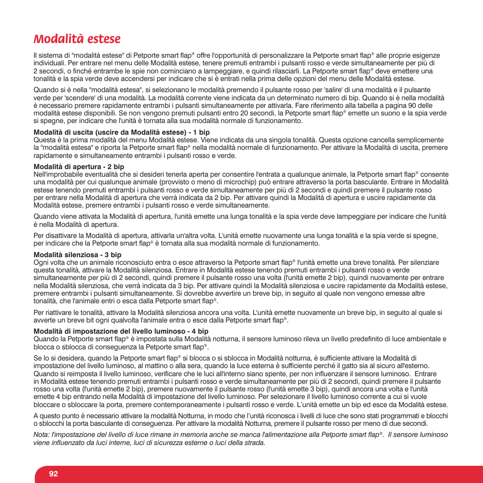 Modalità estese | Petsafe Petporte Smart Flap® Microchip Cat Flap User Manual | Page 92 / 116