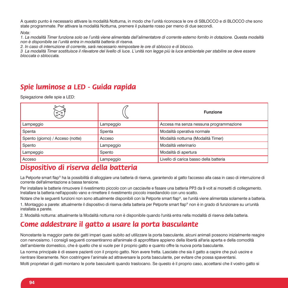 Spie luminose a led - guida rapida, Dispositivo di riserva della batteria | Petsafe Petporte Smart Flap® Microchip Cat Flap User Manual | Page 94 / 116