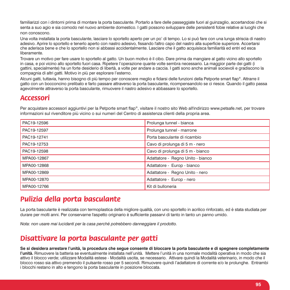 Accessori, Pulizia della porta basculante, Disattivare la porta basculante per gatti | Petsafe Petporte Smart Flap® Microchip Cat Flap User Manual | Page 95 / 116