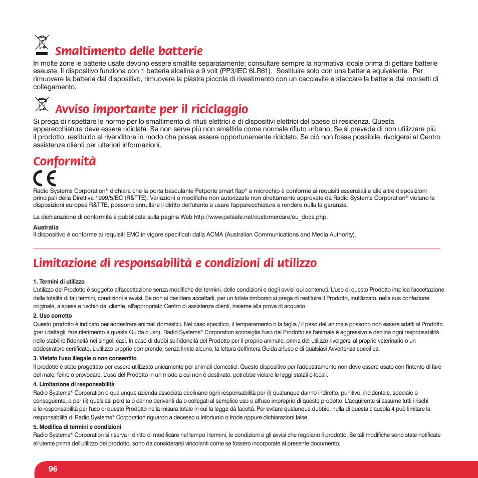 Smaltimento delle batterie, Avviso importante per il riciclaggio, Conformità | Petsafe Petporte Smart Flap® Microchip Cat Flap User Manual | Page 96 / 116