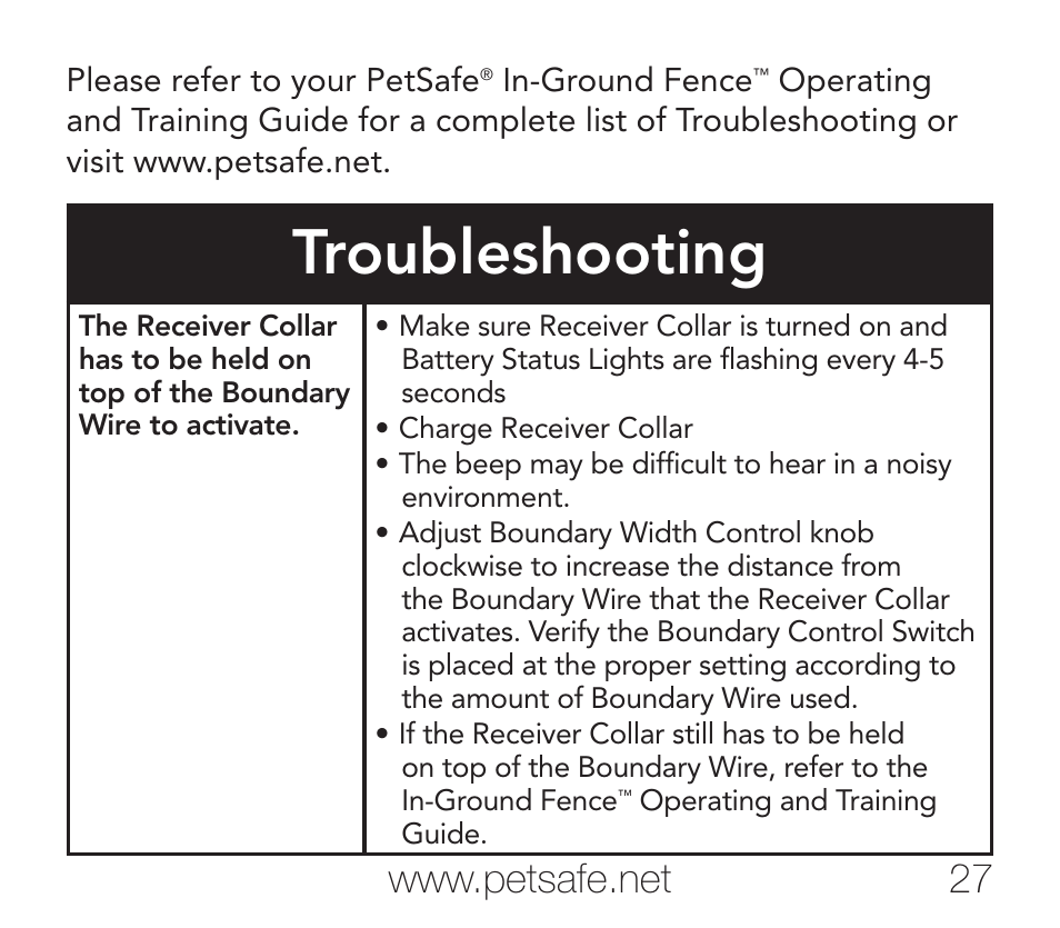 Troubleshooting | Petsafe Rechargeable Add-A-Dog® Extra Receiver Collar User Manual | Page 27 / 40