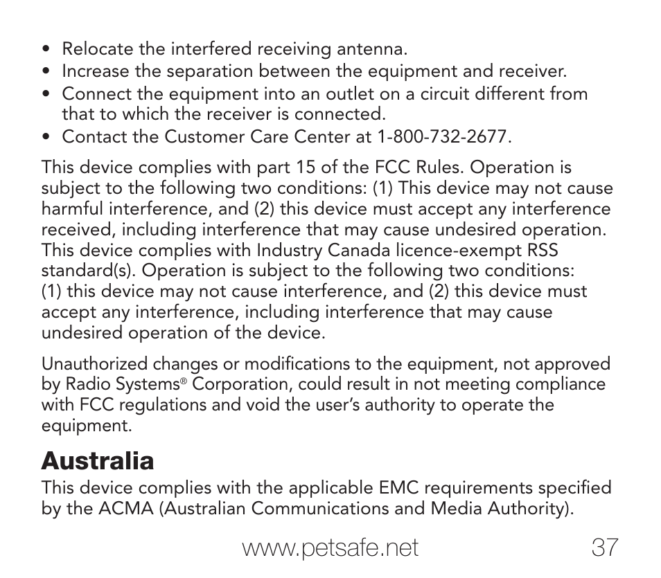 Australia | Petsafe Rechargeable Add-A-Dog® Extra Receiver Collar User Manual | Page 37 / 40