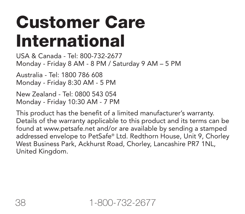 Customer care international | Petsafe Rechargeable Add-A-Dog® Extra Receiver Collar User Manual | Page 38 / 40