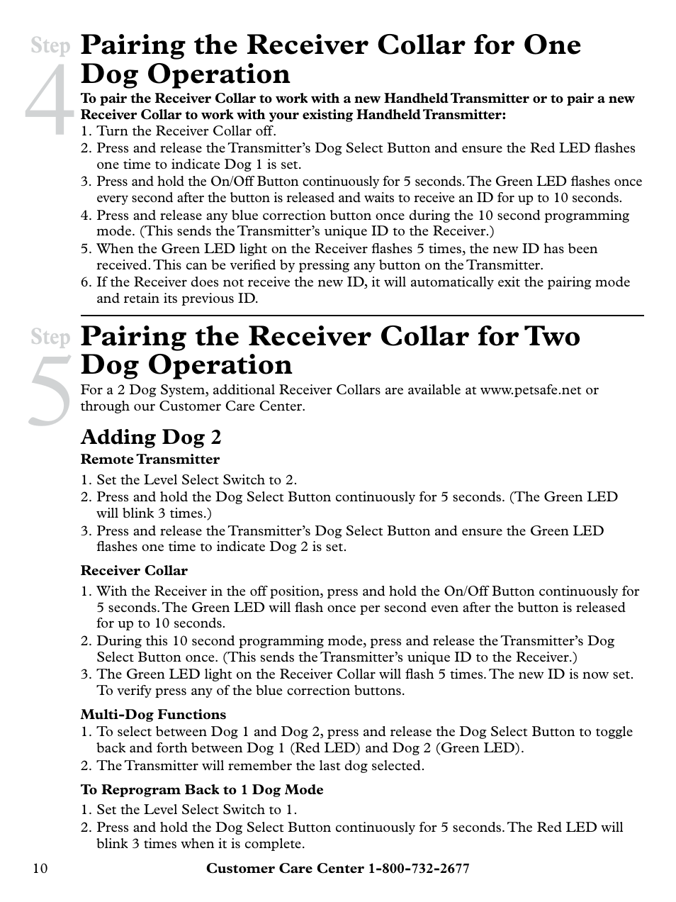 Pairing the receiver collar for one dog operation, Pairing the receiver collar for two dog operation | Petsafe Remote Trainer with Vibration PLUS User Manual | Page 10 / 24