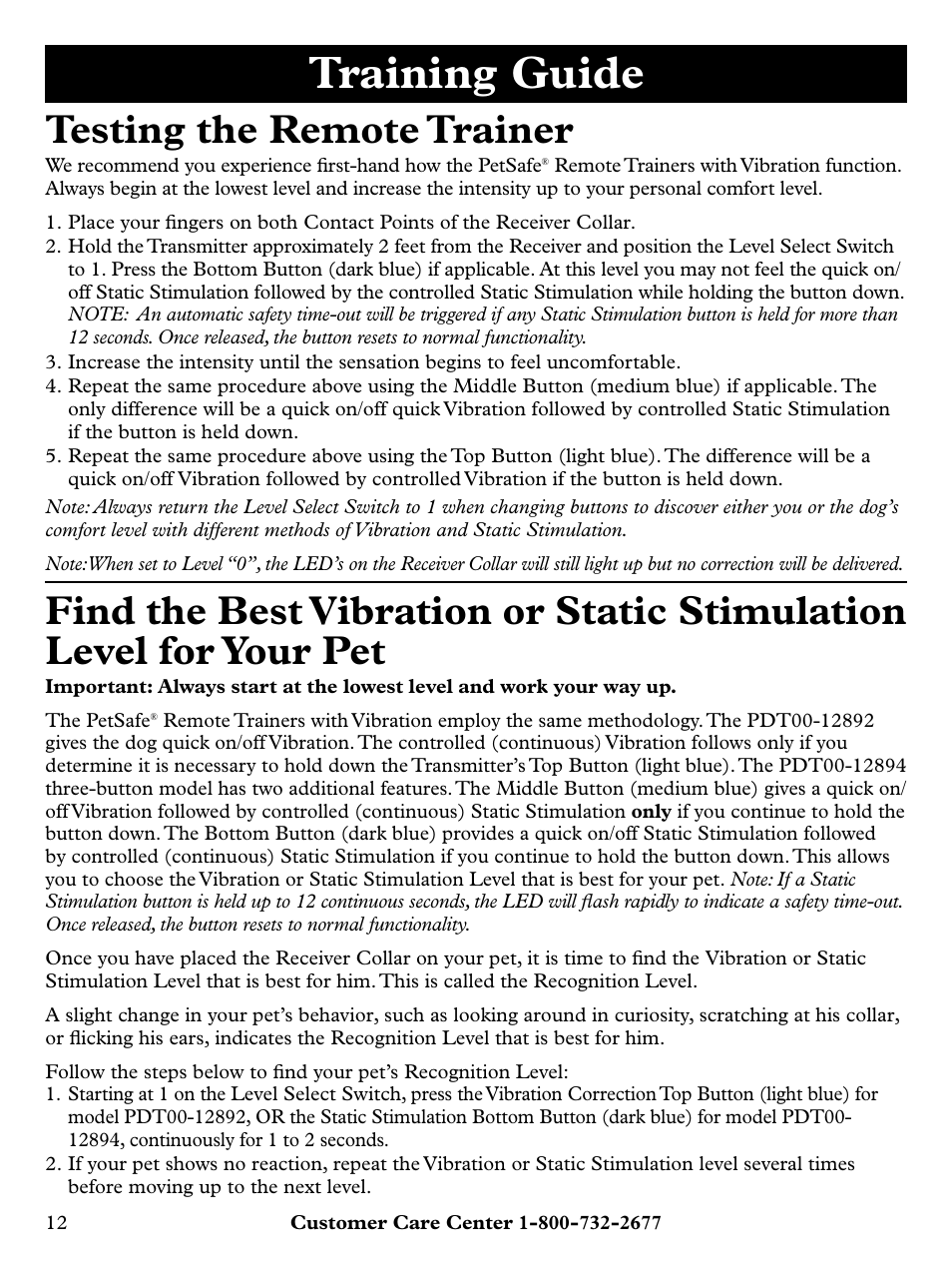 Training guide, Testing the remote trainer | Petsafe Remote Trainer with Vibration PLUS User Manual | Page 12 / 24