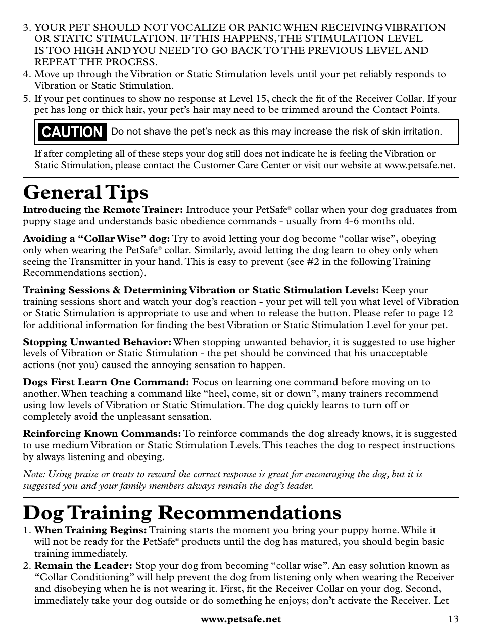 General tips, Dog training recommendations | Petsafe Remote Trainer with Vibration PLUS User Manual | Page 13 / 24