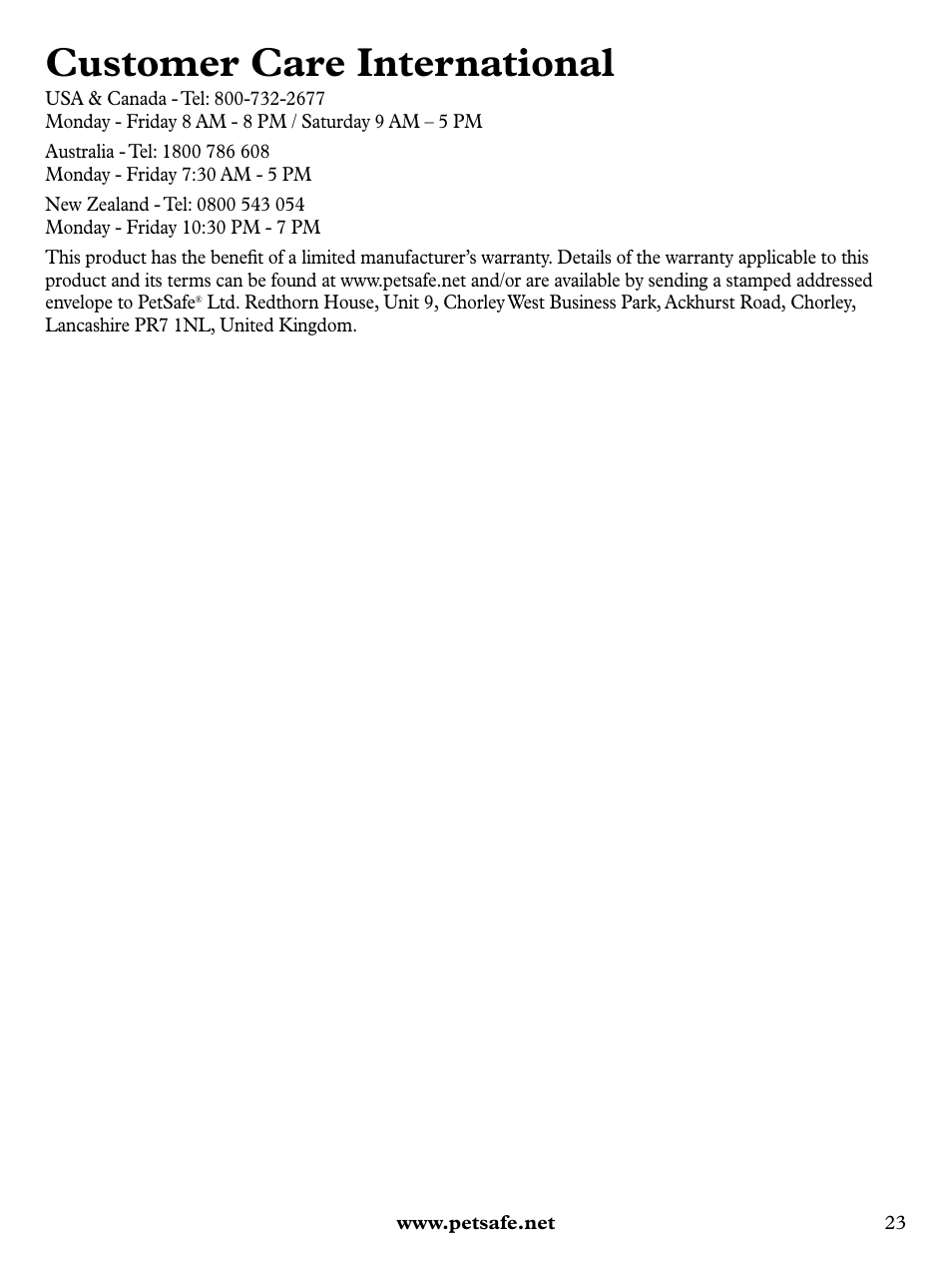 Customer care international | Petsafe Remote Trainer with Vibration PLUS User Manual | Page 23 / 24