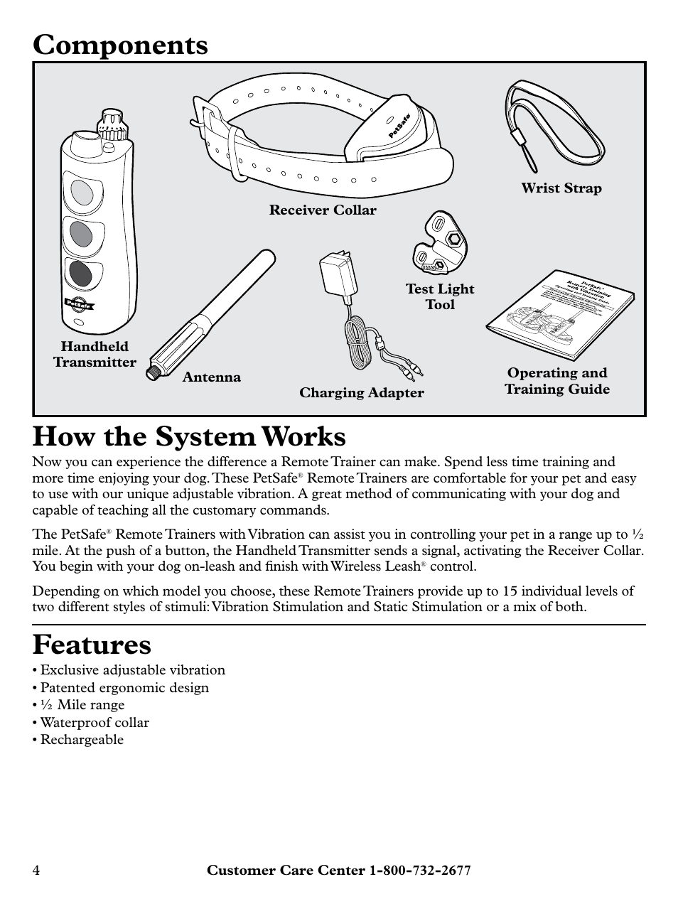 Components, How the system works, Features | Petsafe Remote Trainer with Vibration PLUS User Manual | Page 4 / 24