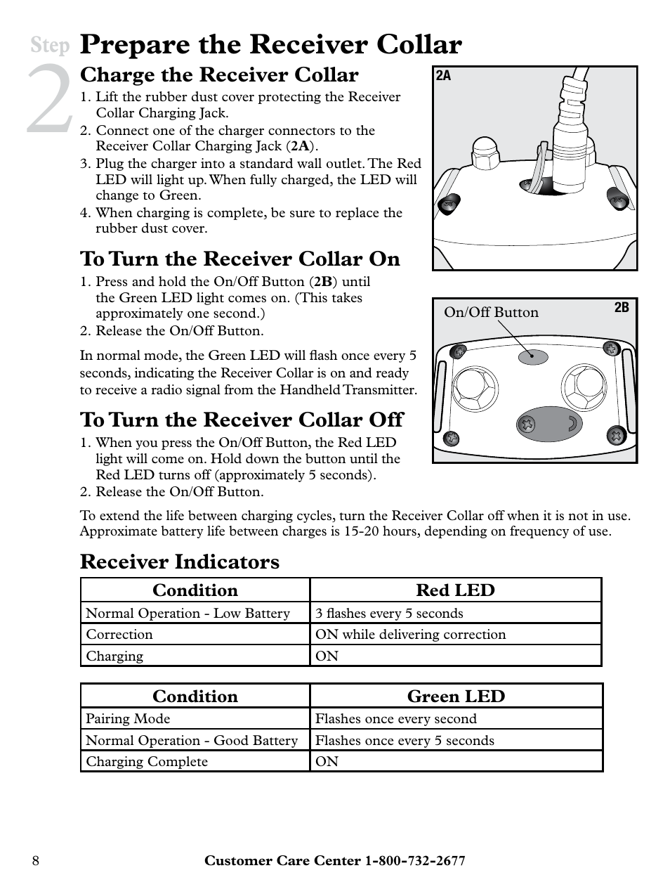 Prepare the receiver collar, Step, Charge the receiver collar | Receiver indicators | Petsafe Remote Trainer with Vibration PLUS User Manual | Page 8 / 24