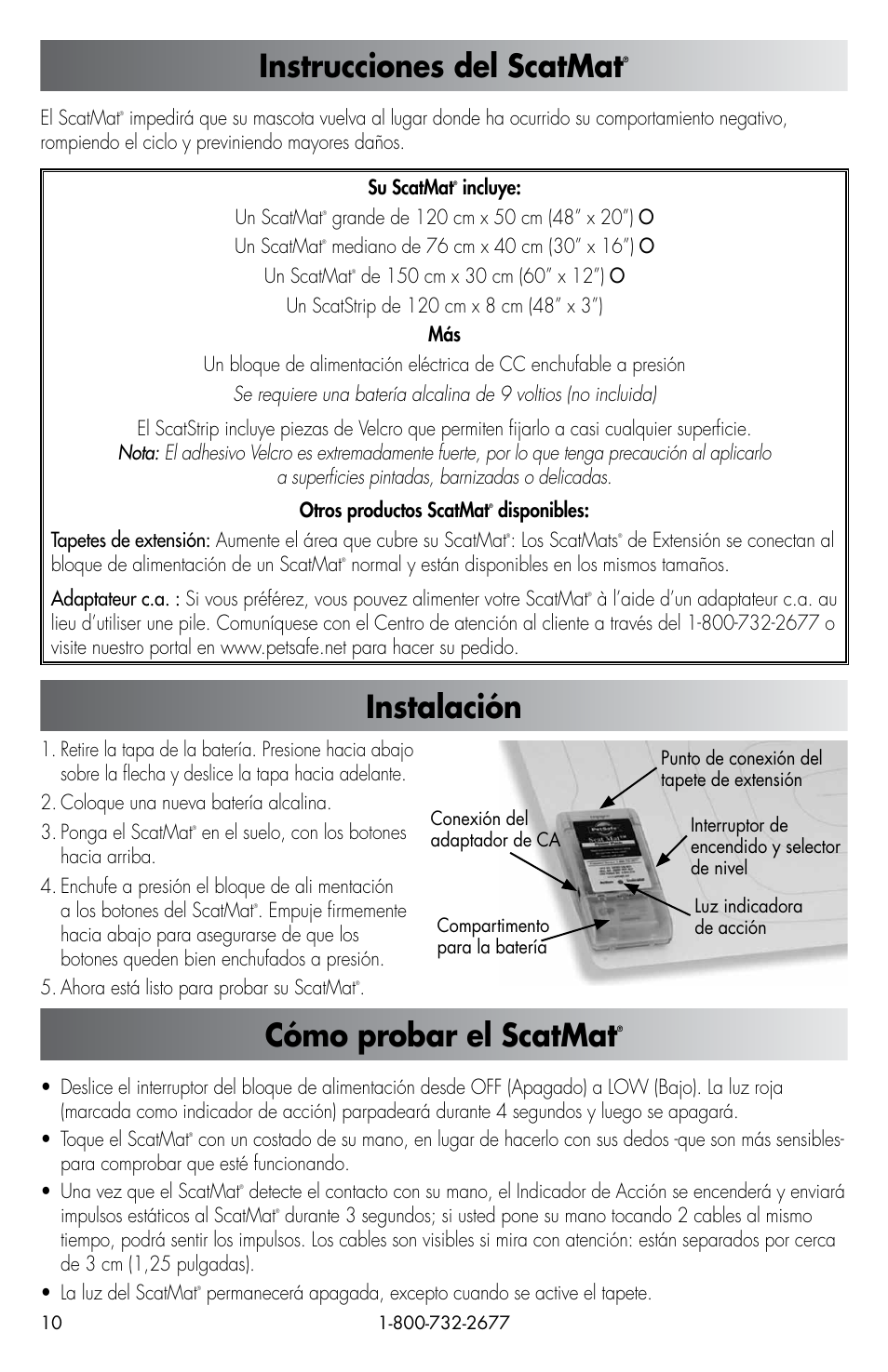 Instrucciones del scatmat, Instalación, Cómo probar el scatmat | Petsafe ScatMat® Automatic Indoor Pet Training User Manual | Page 10 / 16
