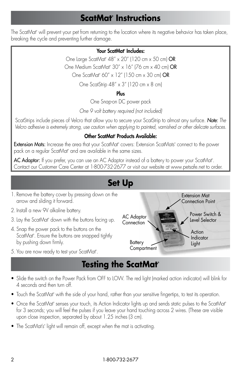 Scatmat, Instructions, Set up | Testing the scatmat | Petsafe ScatMat® Automatic Indoor Pet Training User Manual | Page 2 / 16