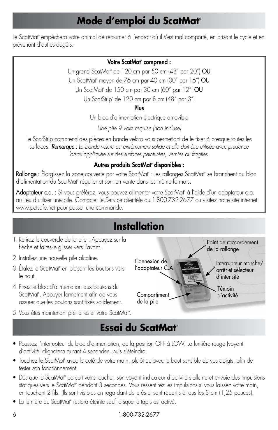 Mode d’emploi du scatmat, Installation, Essai du scatmat | Petsafe ScatMat® Automatic Indoor Pet Training User Manual | Page 6 / 16