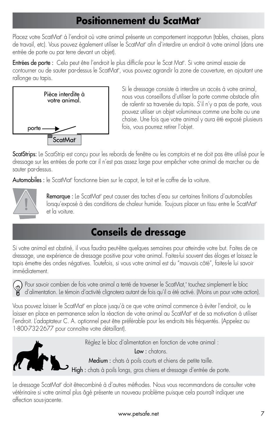 Positionnement du scatmat, Conseils de dressage | Petsafe ScatMat® Automatic Indoor Pet Training User Manual | Page 7 / 16