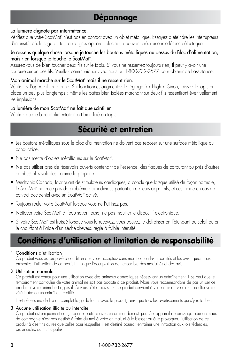 Dépannage, Sécurité et entretien | Petsafe ScatMat® Automatic Indoor Pet Training User Manual | Page 8 / 16