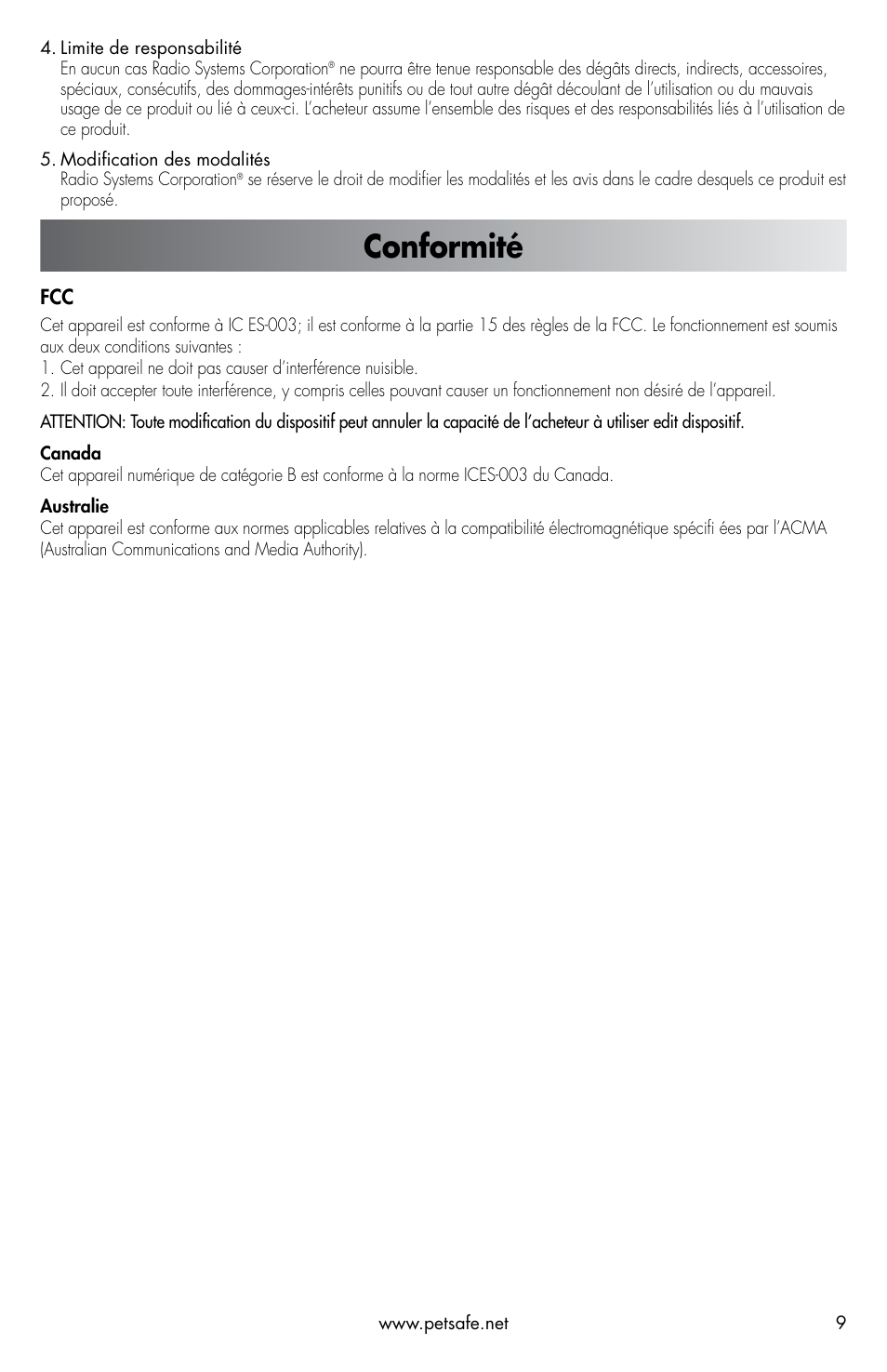 Conformité | Petsafe ScatMat® Automatic Indoor Pet Training User Manual | Page 9 / 16