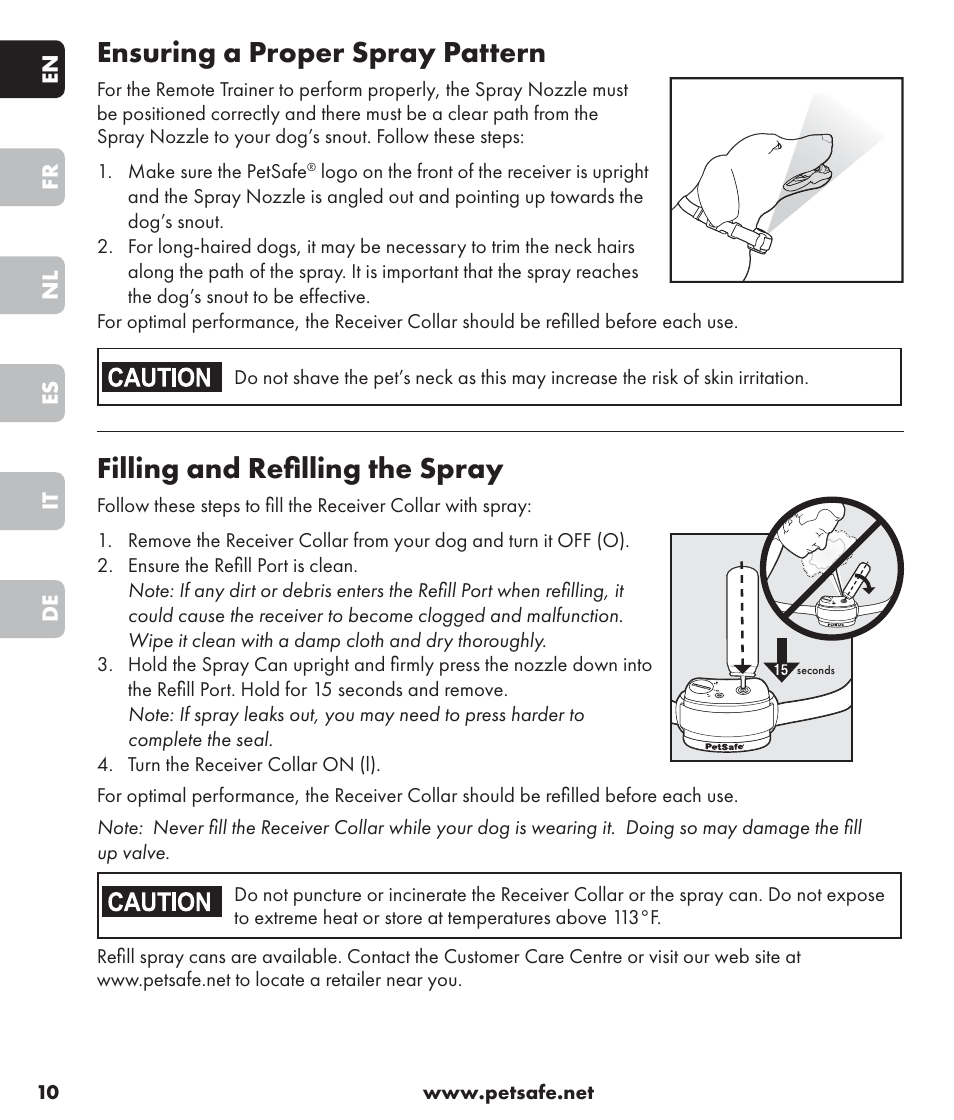 Ensuring a proper spray pattern, Filling and refilling the spray | Petsafe SPT-85 Spray Commander™, 85 m Basic Remote Spray Trainer User Manual | Page 10 / 96