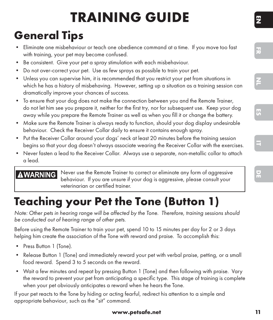 Training guide, General tips, Teaching your pet the tone (button 1) | Petsafe SPT-85 Spray Commander™, 85 m Basic Remote Spray Trainer User Manual | Page 11 / 96