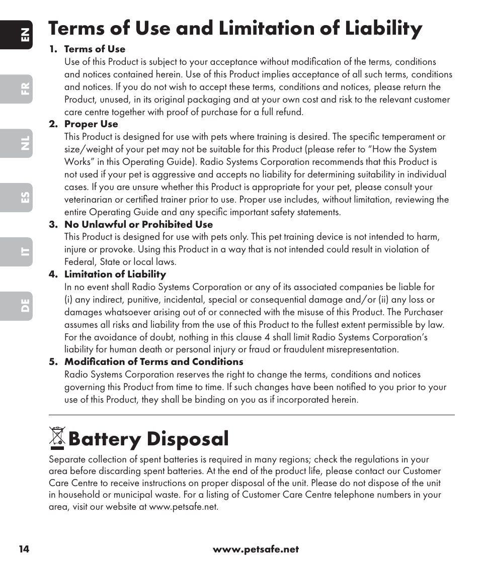 Terms of use and limitation of liability, Battery disposal | Petsafe SPT-85 Spray Commander™, 85 m Basic Remote Spray Trainer User Manual | Page 14 / 96