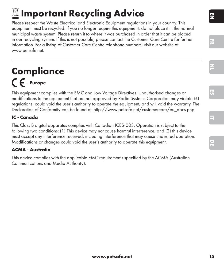 Important recycling advice, Compliance | Petsafe SPT-85 Spray Commander™, 85 m Basic Remote Spray Trainer User Manual | Page 15 / 96