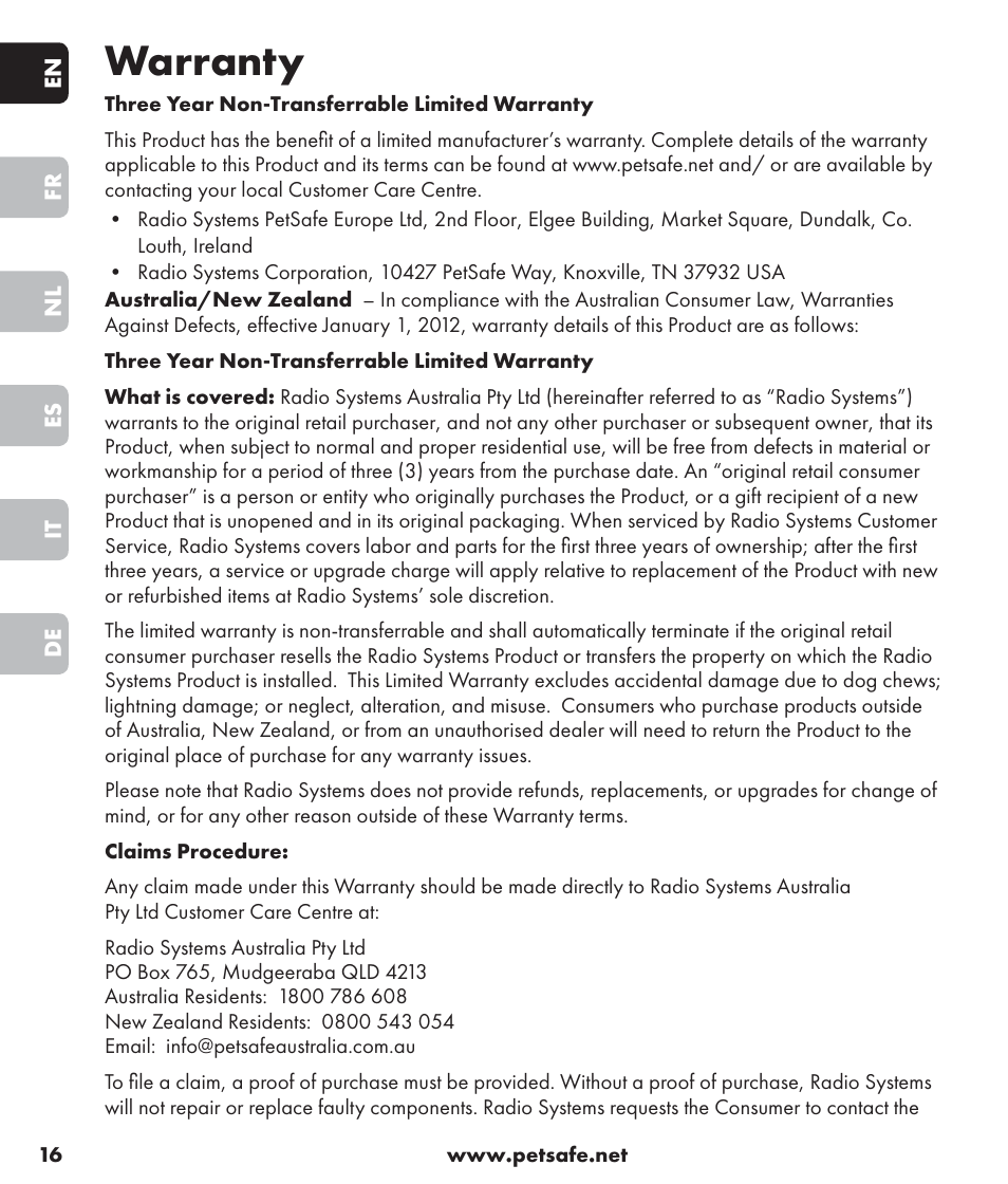 Warranty | Petsafe SPT-85 Spray Commander™, 85 m Basic Remote Spray Trainer User Manual | Page 16 / 96