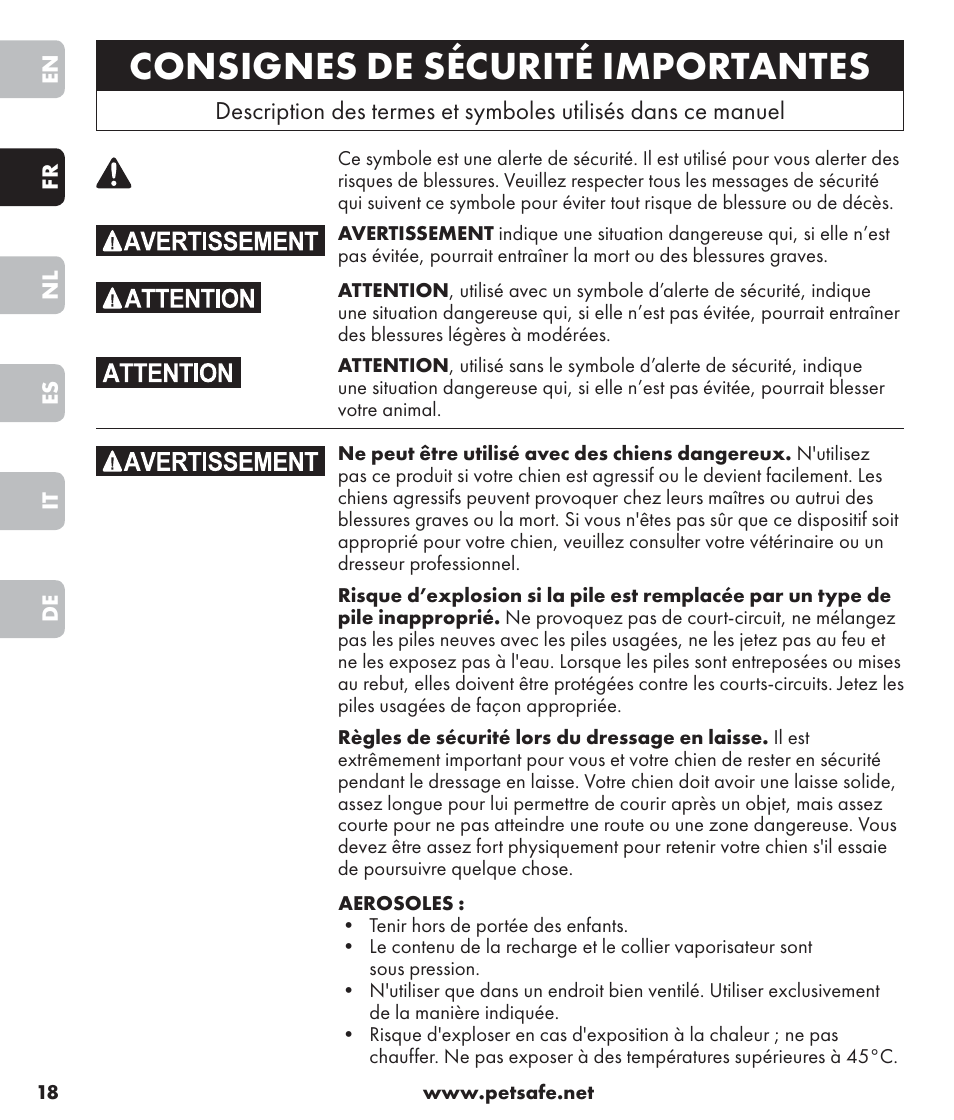 Consignes de sécurité importantes | Petsafe SPT-85 Spray Commander™, 85 m Basic Remote Spray Trainer User Manual | Page 18 / 96