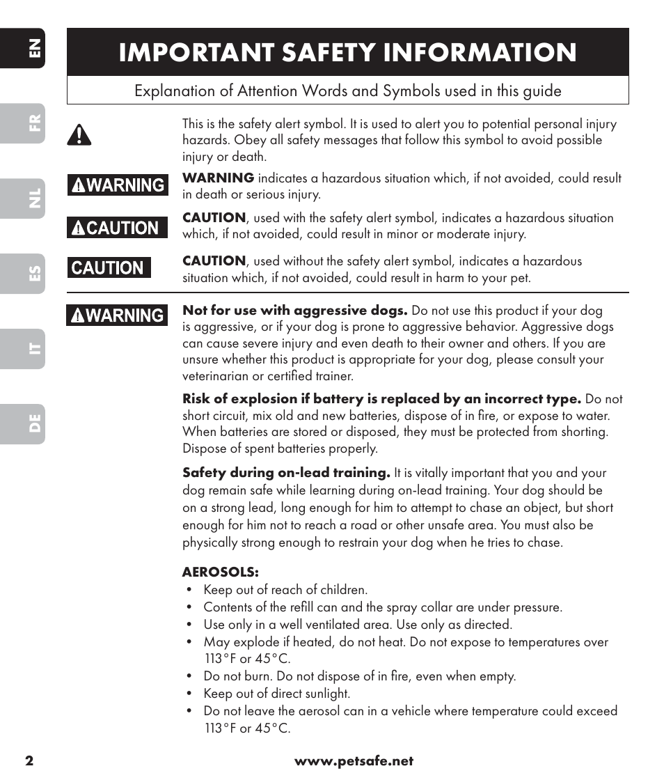 Important safety information | Petsafe SPT-85 Spray Commander™, 85 m Basic Remote Spray Trainer User Manual | Page 2 / 96