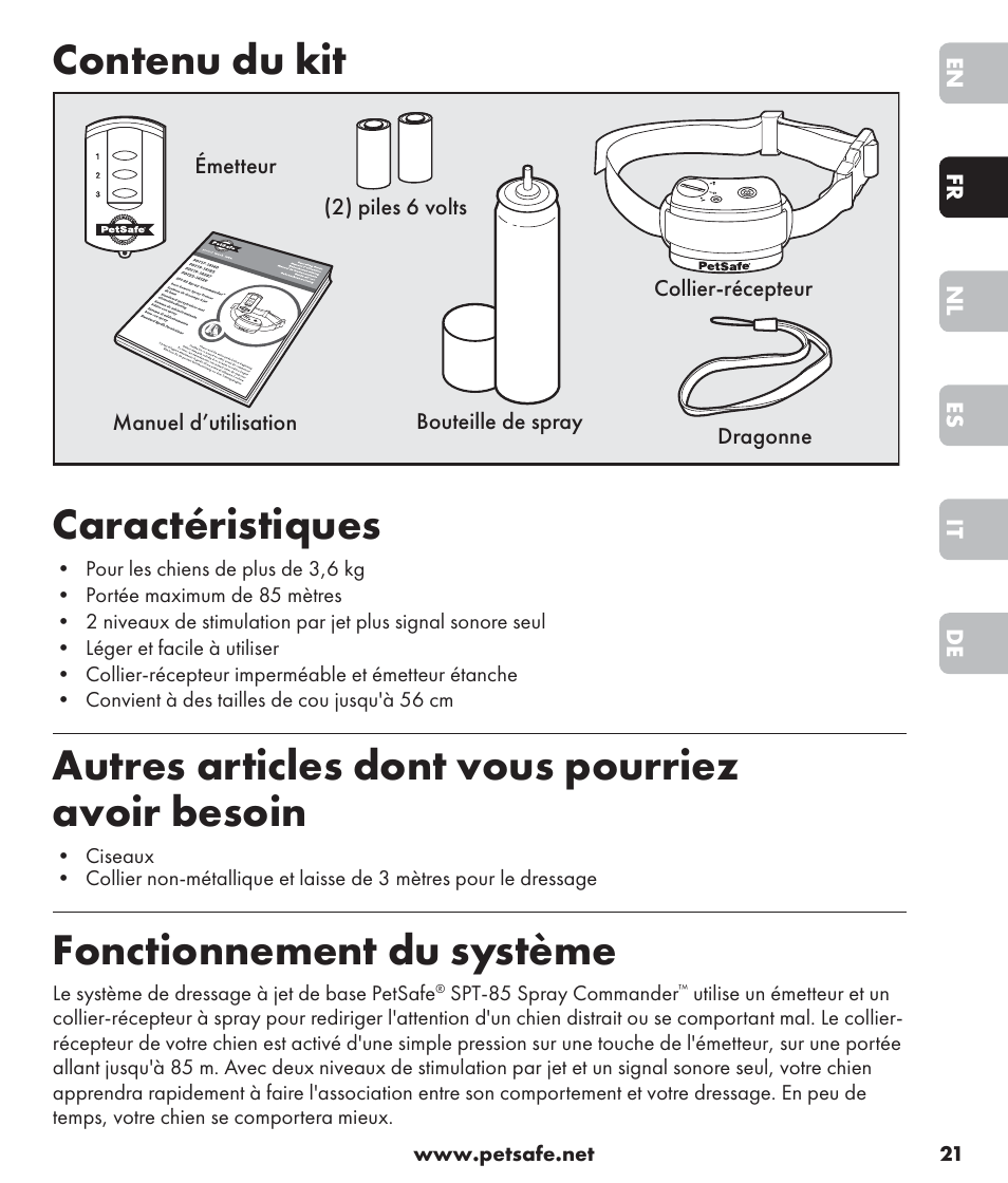 Contenu du kit, Caractéristiques, Autres articles dont vous pourriez avoir besoin | Fonctionnement du système | Petsafe SPT-85 Spray Commander™, 85 m Basic Remote Spray Trainer User Manual | Page 21 / 96