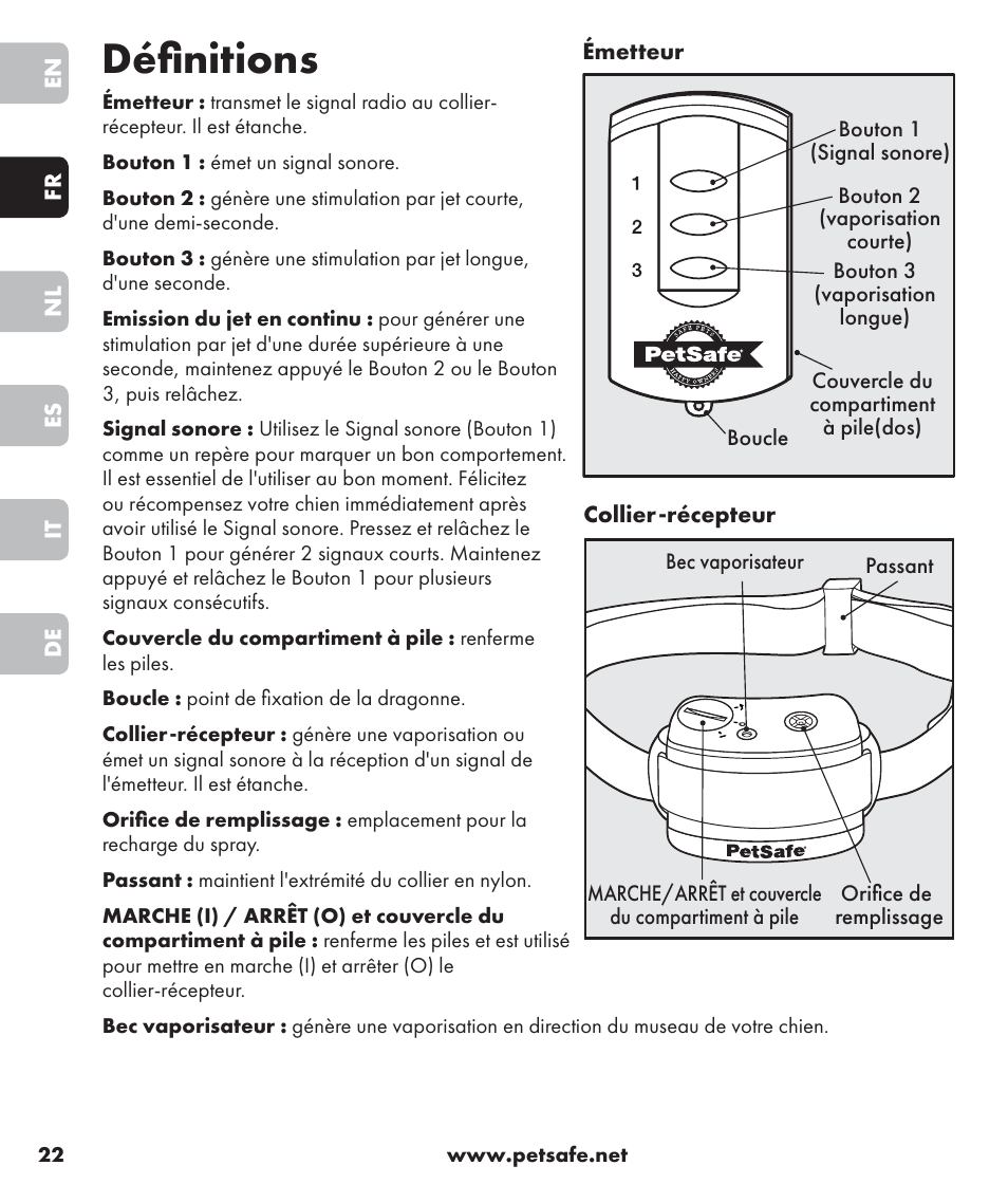 Définitions | Petsafe SPT-85 Spray Commander™, 85 m Basic Remote Spray Trainer User Manual | Page 22 / 96