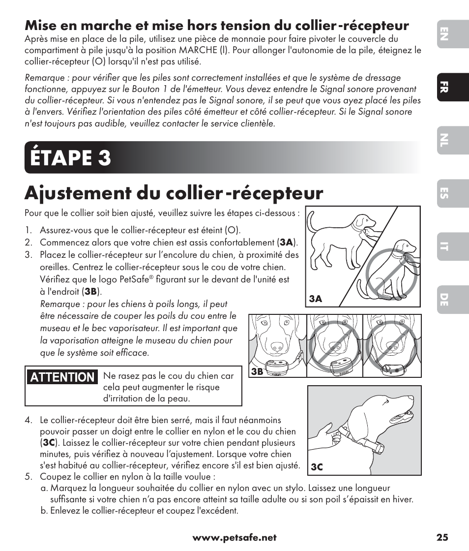 Étape 3, Ajustement du collier-récepteur | Petsafe SPT-85 Spray Commander™, 85 m Basic Remote Spray Trainer User Manual | Page 25 / 96