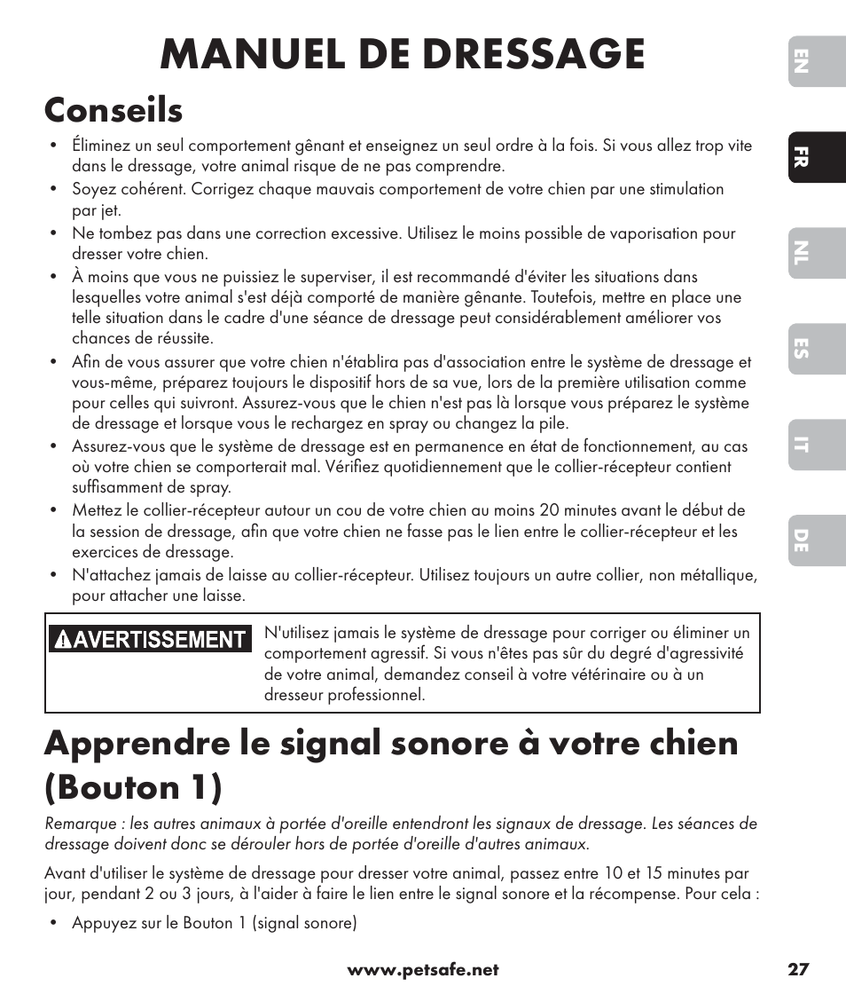 Manuel de dressage, Conseils | Petsafe SPT-85 Spray Commander™, 85 m Basic Remote Spray Trainer User Manual | Page 27 / 96