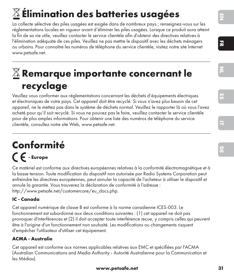 Élimination des batteries usagées, Remarque importante concernant le recyclage, Conformité | Petsafe SPT-85 Spray Commander™, 85 m Basic Remote Spray Trainer User Manual | Page 31 / 96