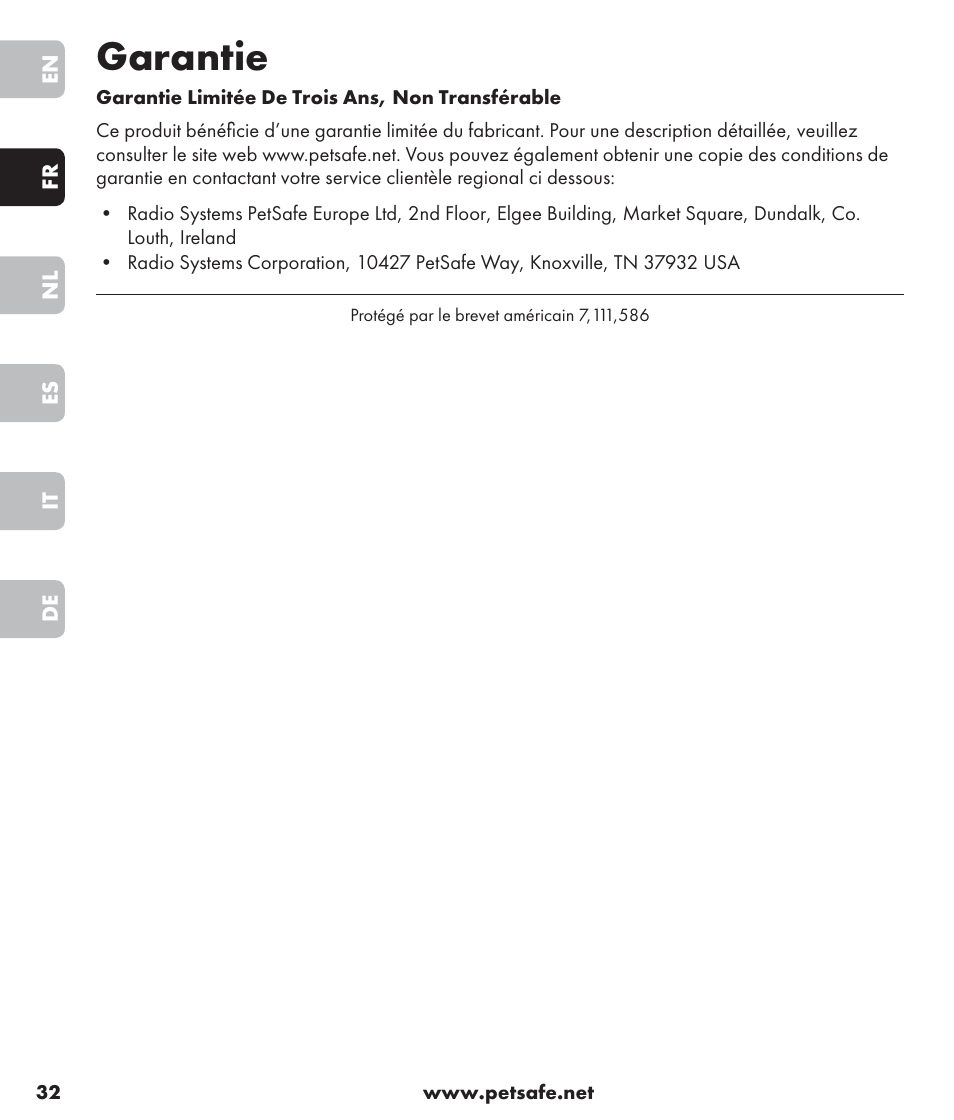 Garantie | Petsafe SPT-85 Spray Commander™, 85 m Basic Remote Spray Trainer User Manual | Page 32 / 96