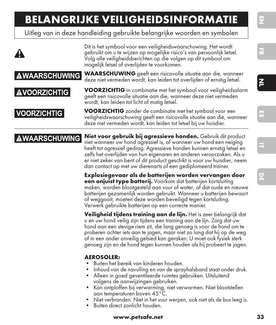 Belangrijke veiligheidsinformatie | Petsafe SPT-85 Spray Commander™, 85 m Basic Remote Spray Trainer User Manual | Page 33 / 96