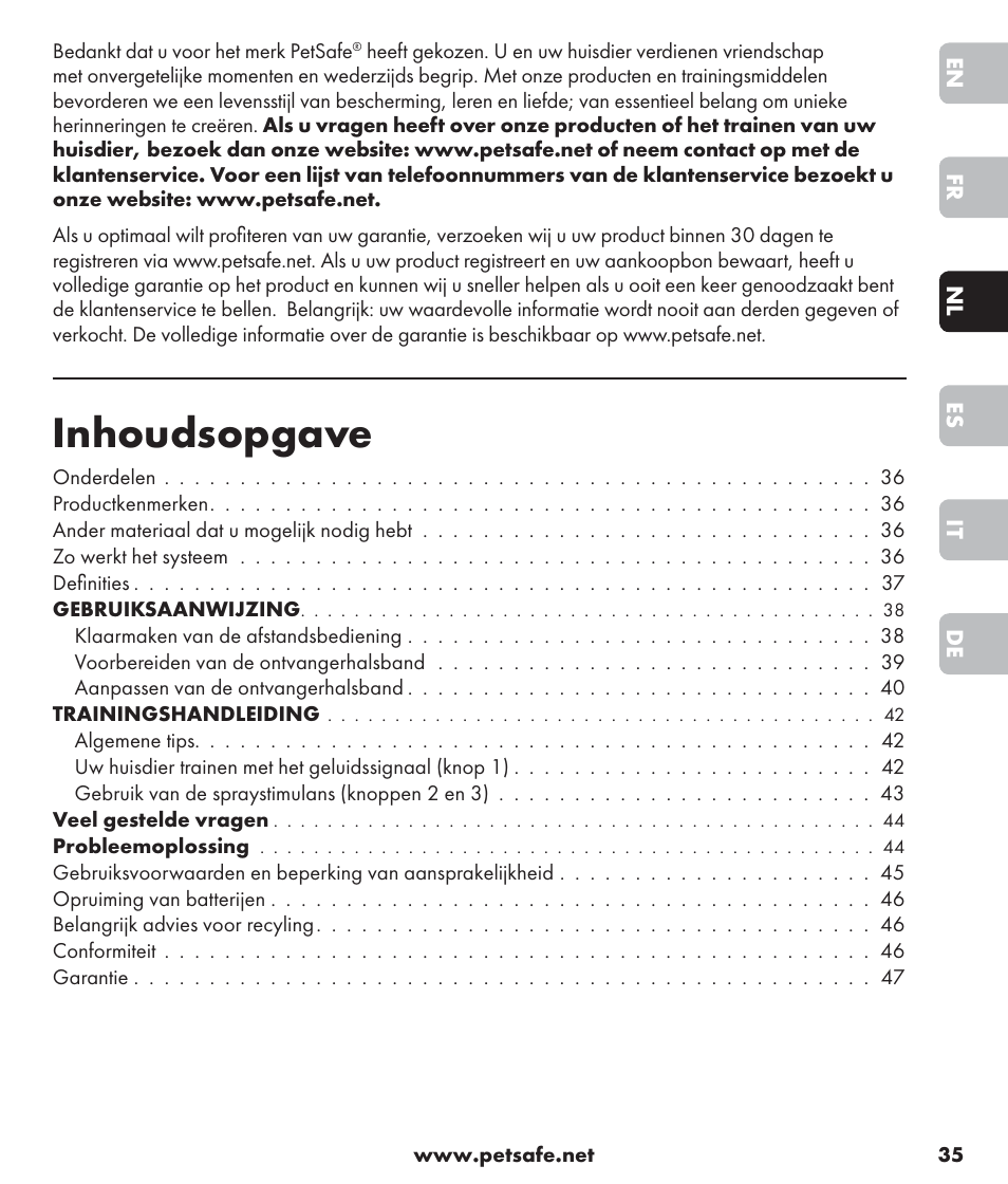Inhoudsopgave | Petsafe SPT-85 Spray Commander™, 85 m Basic Remote Spray Trainer User Manual | Page 35 / 96