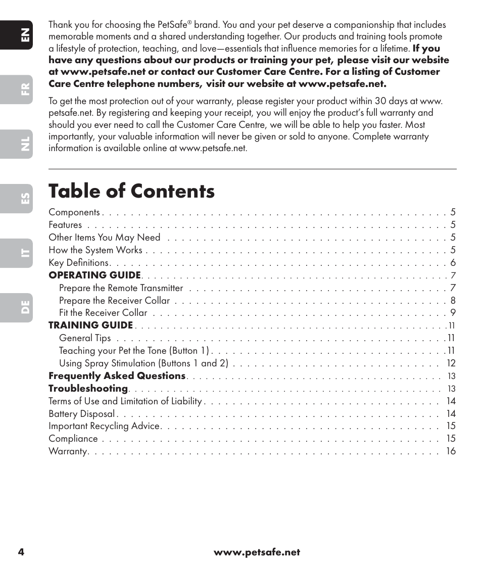 Petsafe SPT-85 Spray Commander™, 85 m Basic Remote Spray Trainer User Manual | Page 4 / 96