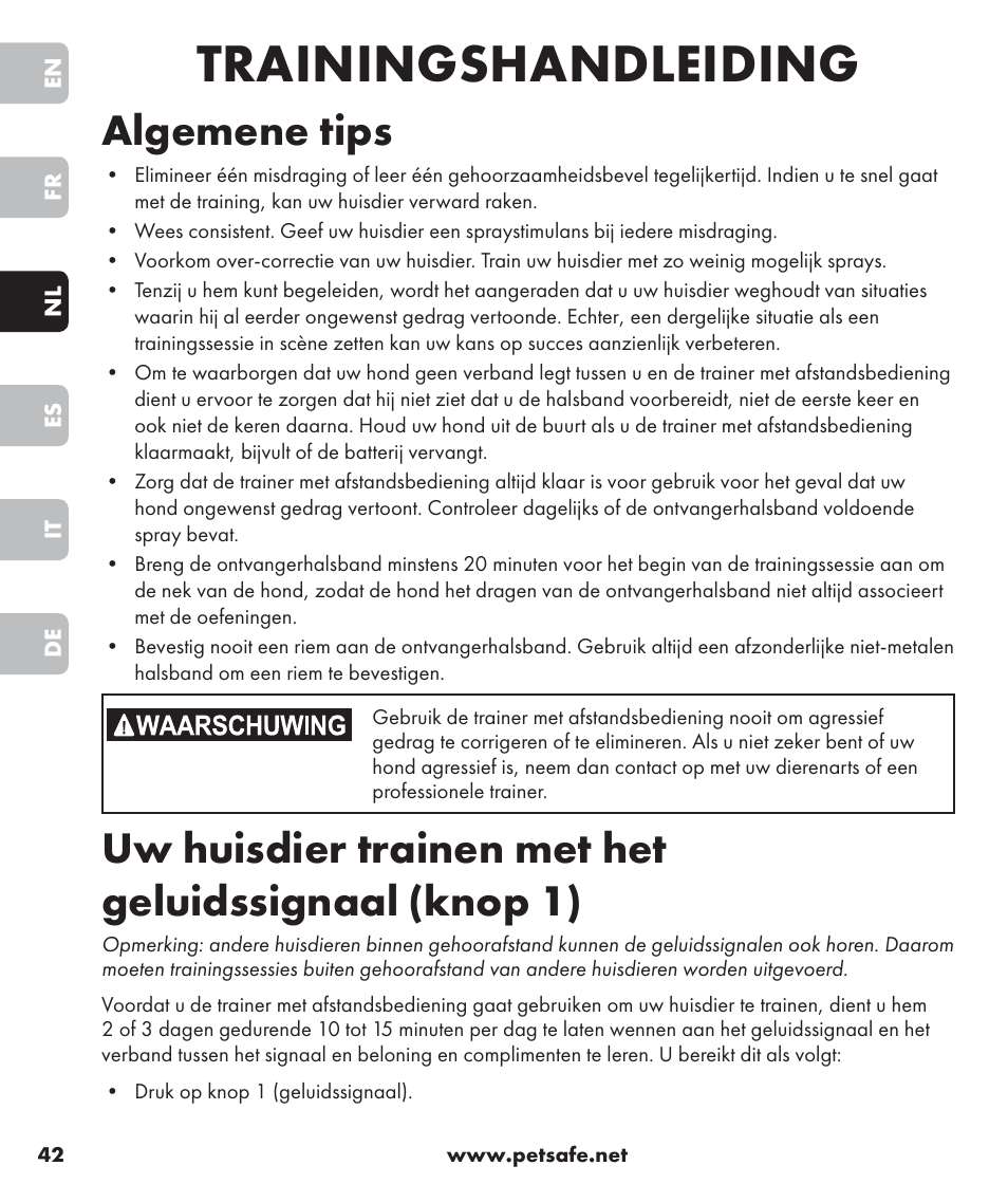 Trainingshandleiding, Algemene tips | Petsafe SPT-85 Spray Commander™, 85 m Basic Remote Spray Trainer User Manual | Page 42 / 96