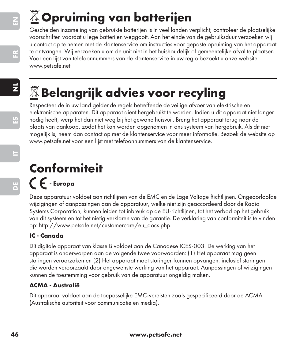 Opruiming van batterijen, Belangrijk advies voor recyling, Conformiteit | Petsafe SPT-85 Spray Commander™, 85 m Basic Remote Spray Trainer User Manual | Page 46 / 96